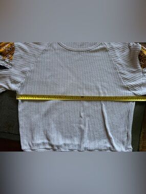 Umgee gray Waffle Knit puff Sleeve Top patchwork fabric lace large drop waist